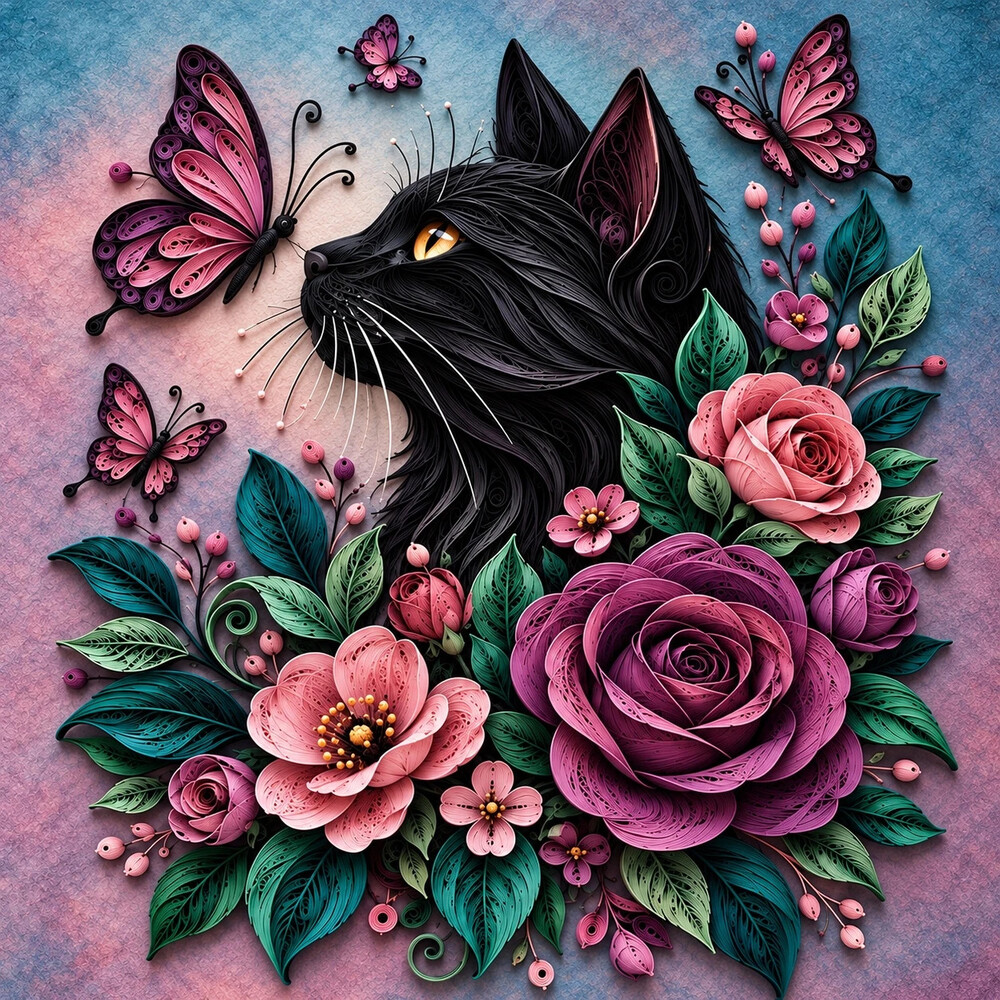 8x10 Framed Black Cat Floral Butterfly Quilling Art Print
